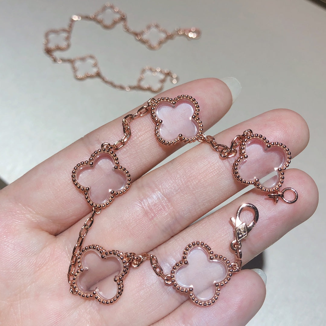 [Luxe Jewels]CLOVER 5 MOTIF ROCK CRYSTAL PINK GOLD BRACELET