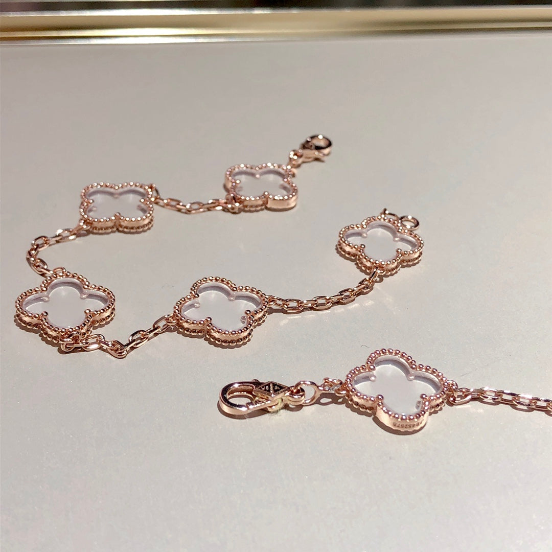 [Luxe Jewels]CLOVER 5 MOTIF ROCK CRYSTAL PINK GOLD BRACELET