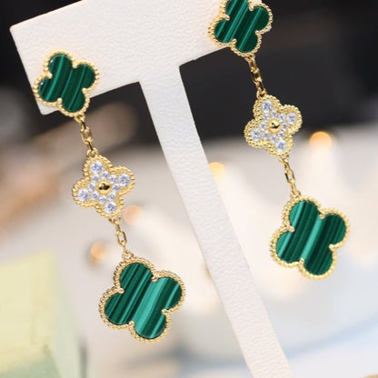 [Luxe Jewels]CLOVER EARRINGS GOLD MALACHITE DIAMOND 3 MOTIF