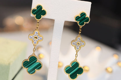 [Luxe Jewels]CLOVER EARRINGS GOLD MALACHITE DIAMOND 3 MOTIF