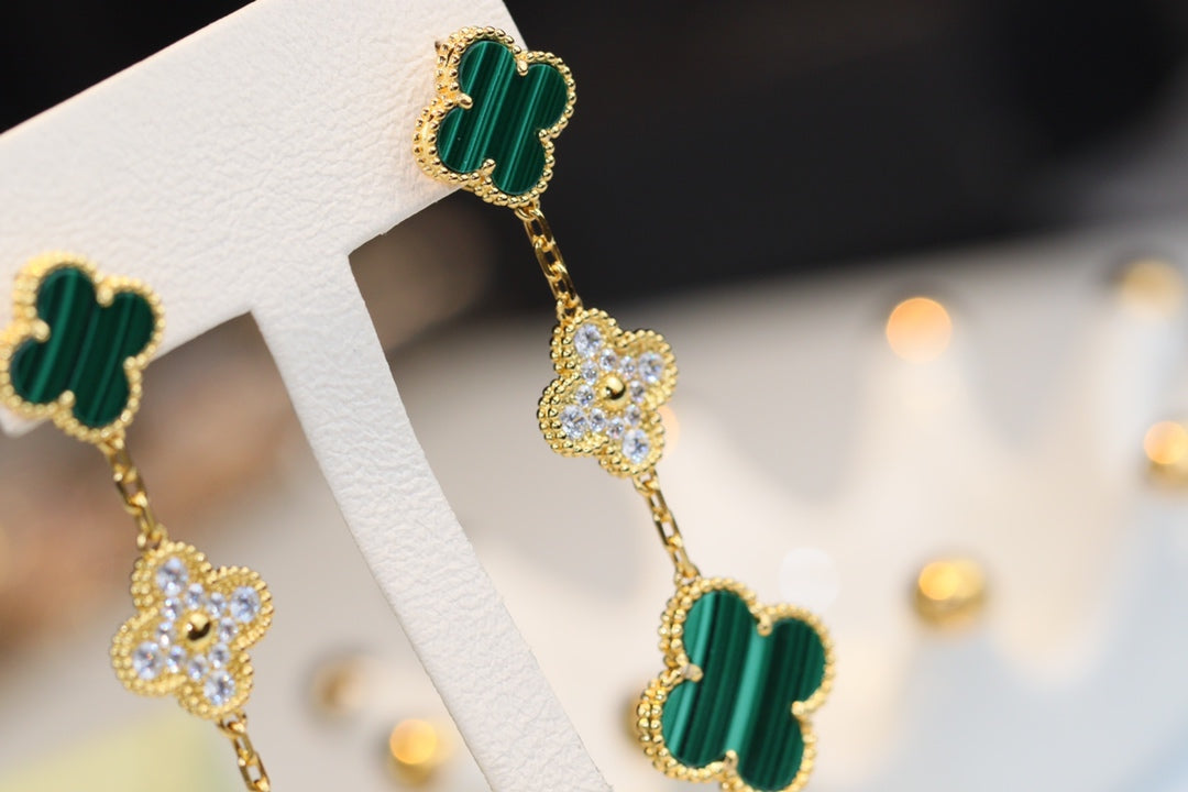 [Luxe Jewels]CLOVER EARRINGS GOLD MALACHITE DIAMOND 3 MOTIF