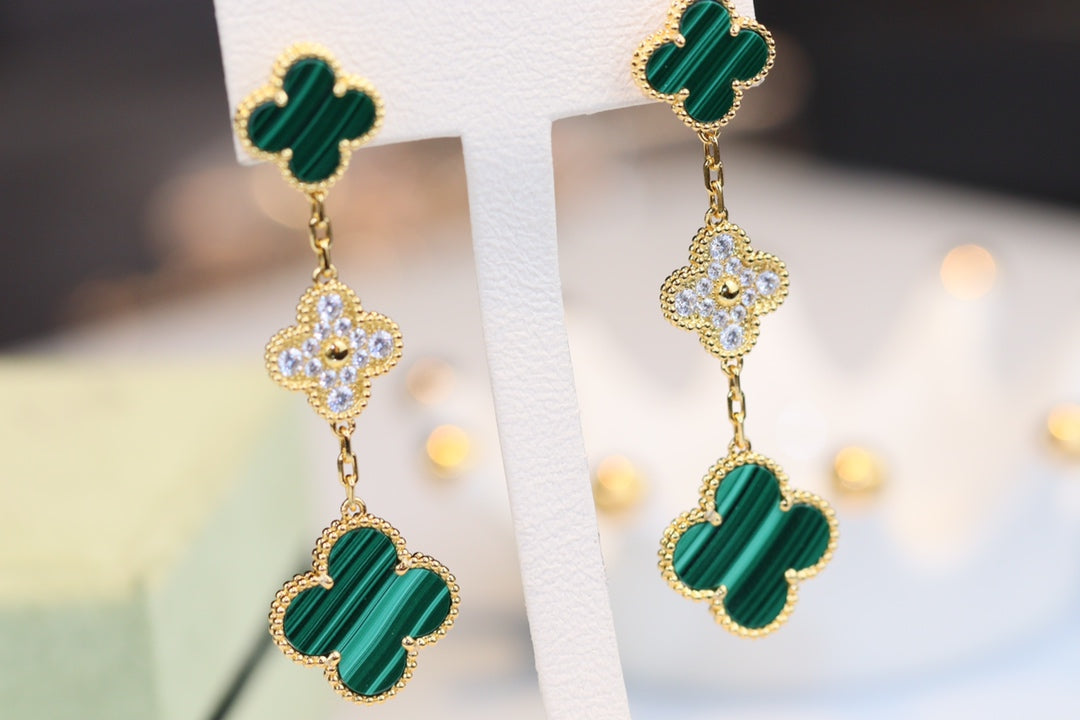 [Luxe Jewels]CLOVER EARRINGS GOLD MALACHITE DIAMOND 3 MOTIF