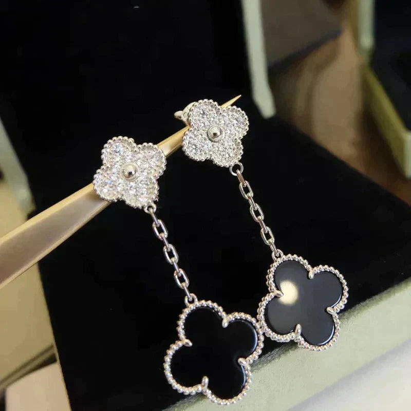 [Luxe Jewels]CLOVER 2 MOTIFS  DIAMOND ONYX EARRINGS SILVER