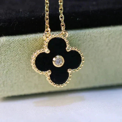 [Luxe Jewels]CLOVER 15MM DIAMOND ONYX NECKLACE