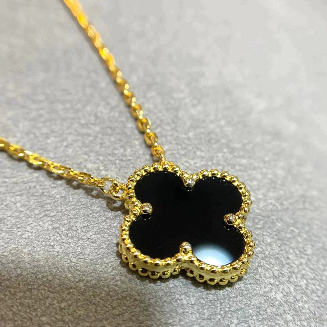 [Luxe Jewels]CLOVER 15MM BLACK ONYX SINGLE FLOWER NECKLACE