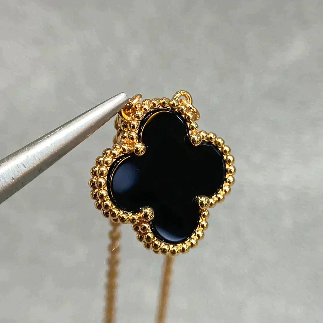 [Luxe Jewels]CLOVER 15MM BLACK ONYX SINGLE FLOWER NECKLACE