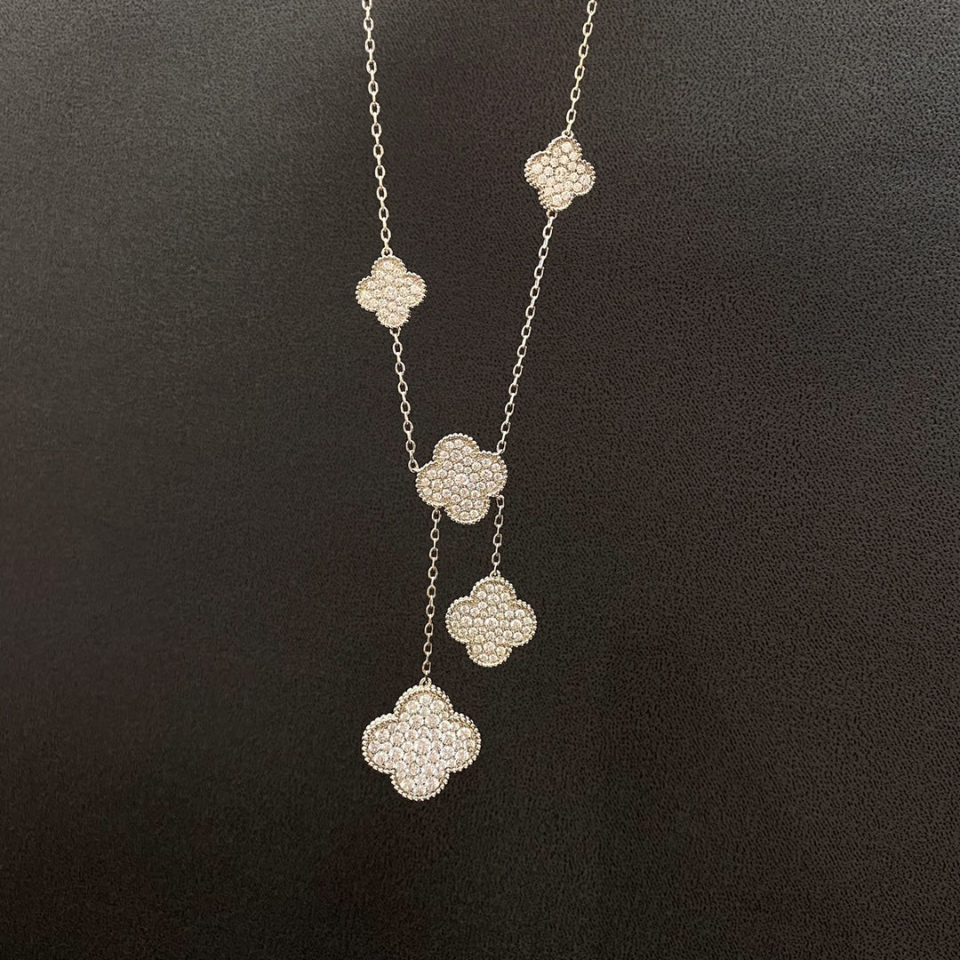 [Luxe Jewels]CLOVER 5 MOTIFS SILVER DIAMONDS NECKLACE