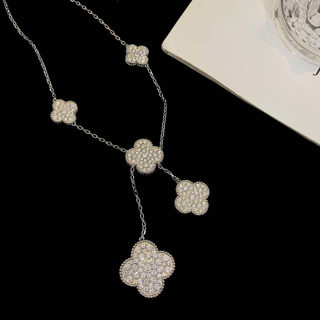 [Luxe Jewels]CLOVER 5 MOTIFS SILVER DIAMONDS NECKLACE