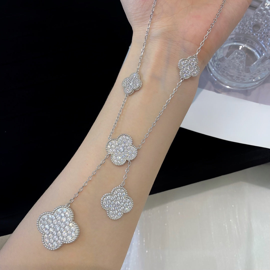 [Luxe Jewels]CLOVER 5 MOTIFS SILVER DIAMONDS NECKLACE