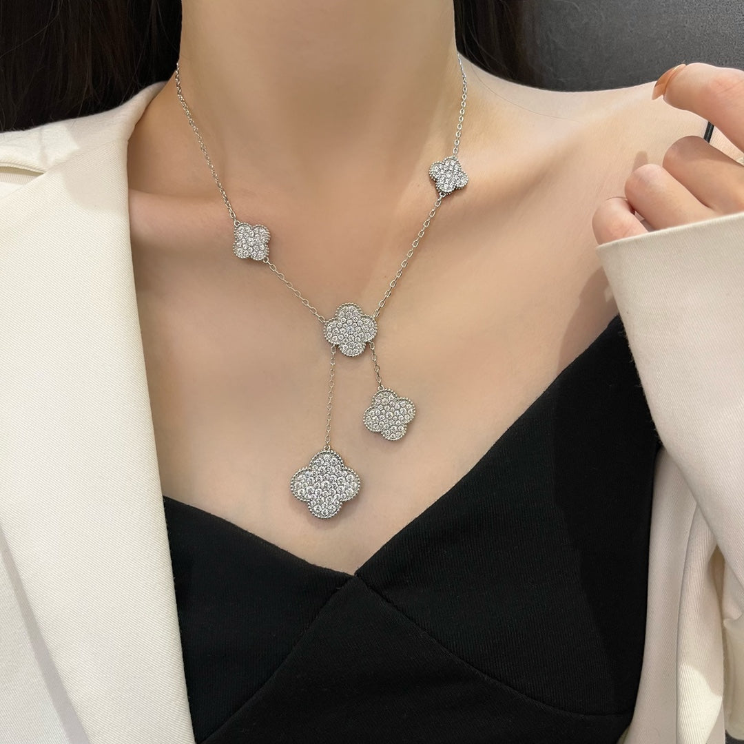 [Luxe Jewels]CLOVER 5 MOTIFS SILVER DIAMONDS NECKLACE