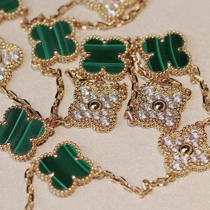 [Luxe Jewels]CLOVER 20 MOTIFS MALACHITE DIAMOND NECKLACE