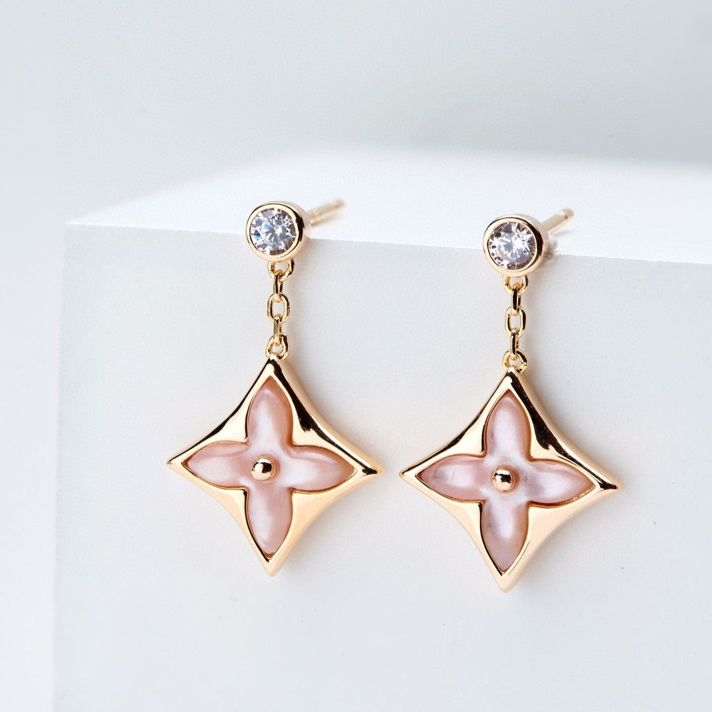 [Luxe Jewels]DOUBLE STAR PINK GOLD MOP DROP EARRINGS