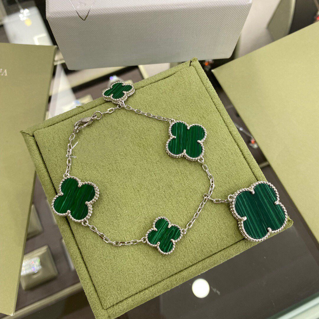 [Luxe Jewels]CLOVER 5 MOTIFS SIVLER MALACHITE BRACELET