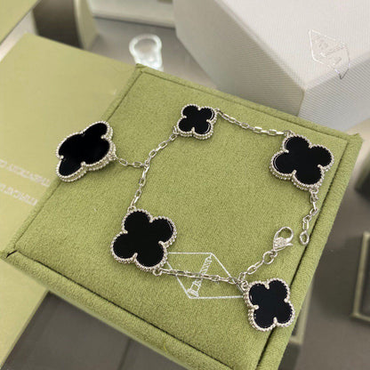 [Luxe Jewels]CLOVER 5 MOTIFS SIVLER ONYX BRACELET