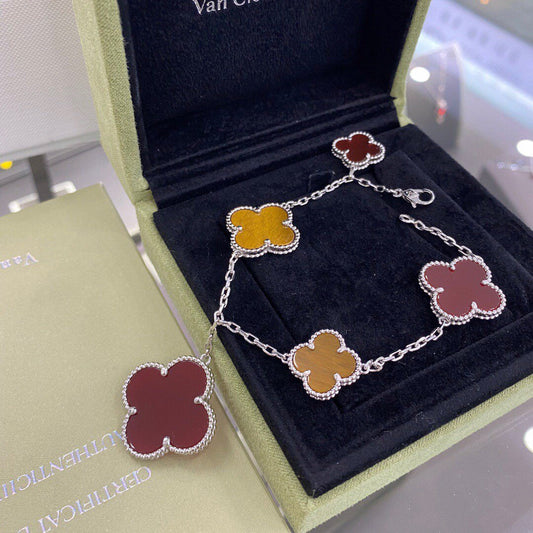 [Luxe Jewels]CLOVER 5 MOTIFS SIVLER CARNELIAN TIGER EYE BRACELET