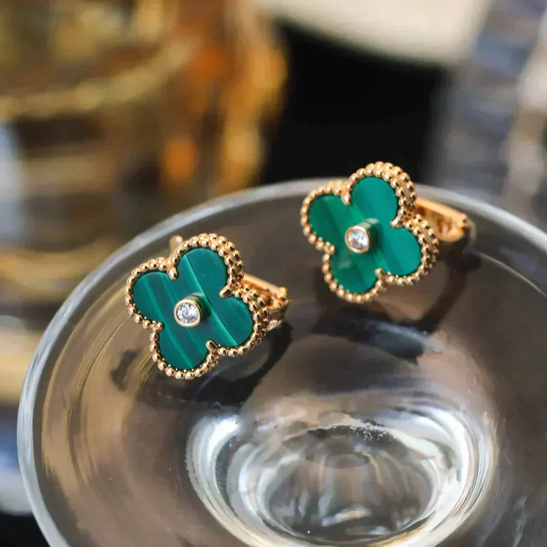 [Luxe Jewels]CLOVER MEDIUM 1 MOTIFS MALACHITE DIAMOND EARRINGS