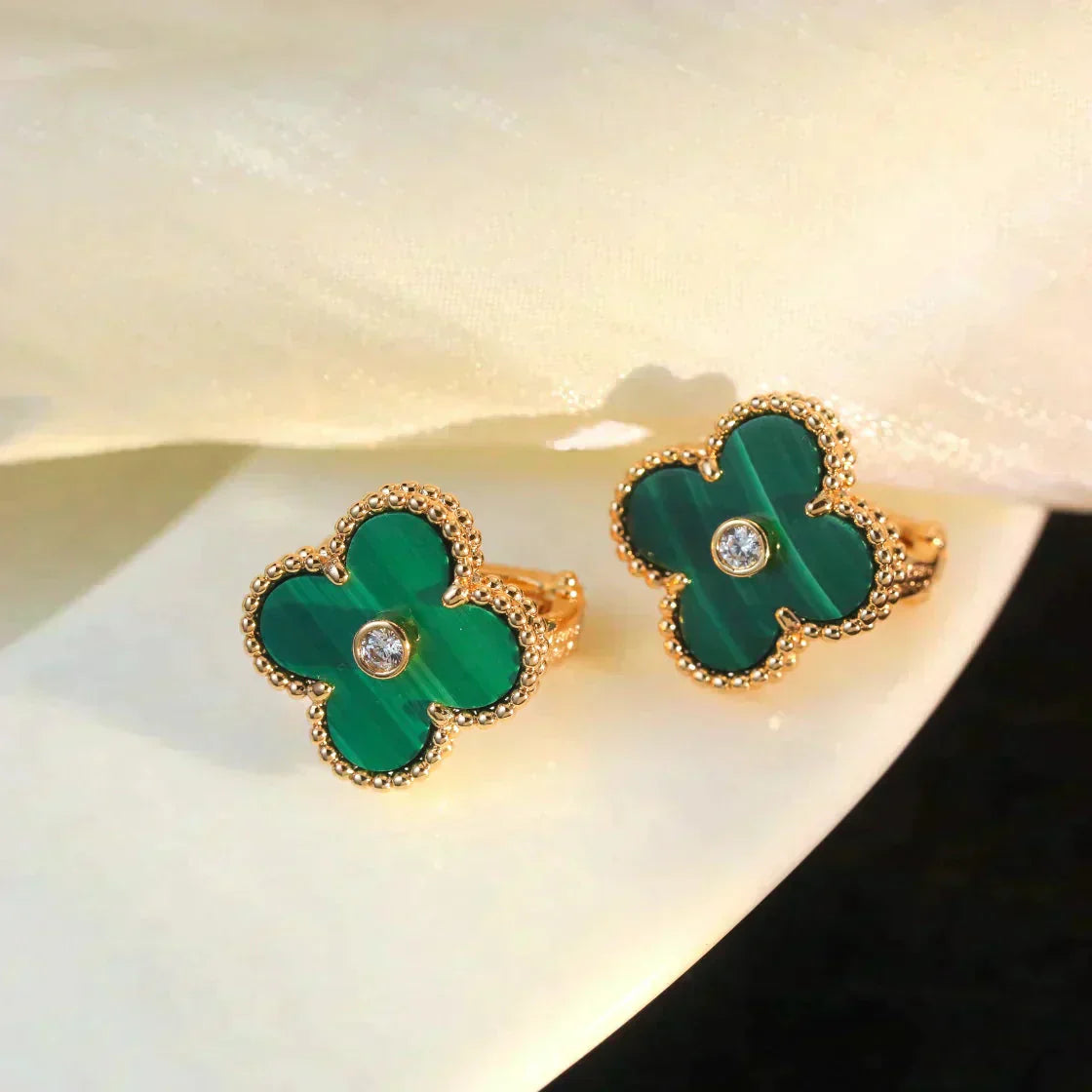 [Luxe Jewels]CLOVER MEDIUM 1 MOTIFS MALACHITE DIAMOND EARRINGS