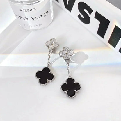 [Luxe Jewels]CLOVER 2 MOTIFS  DIAMOND ONYX EARRINGS SILVER