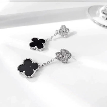 [Luxe Jewels]CLOVER 2 MOTIFS  DIAMOND ONYX EARRINGS SILVER