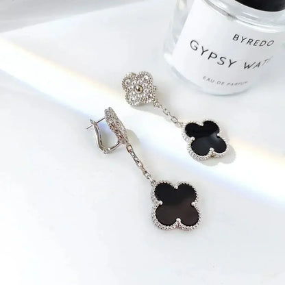 [Luxe Jewels]CLOVER 2 MOTIFS  DIAMOND ONYX EARRINGS SILVER