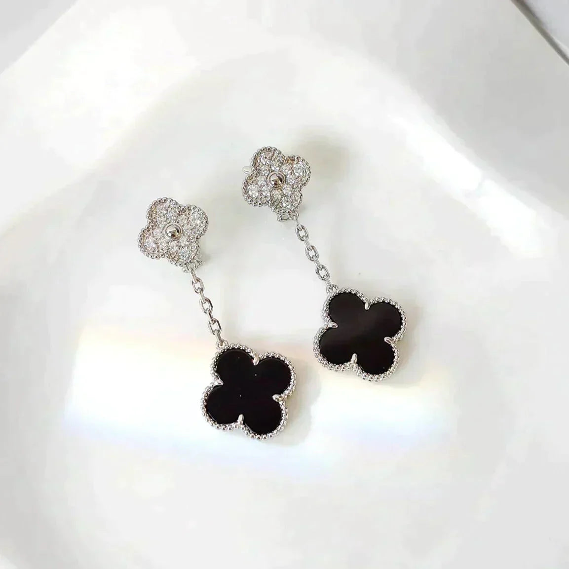 [Luxe Jewels]CLOVER 2 MOTIFS  DIAMOND ONYX EARRINGS SILVER