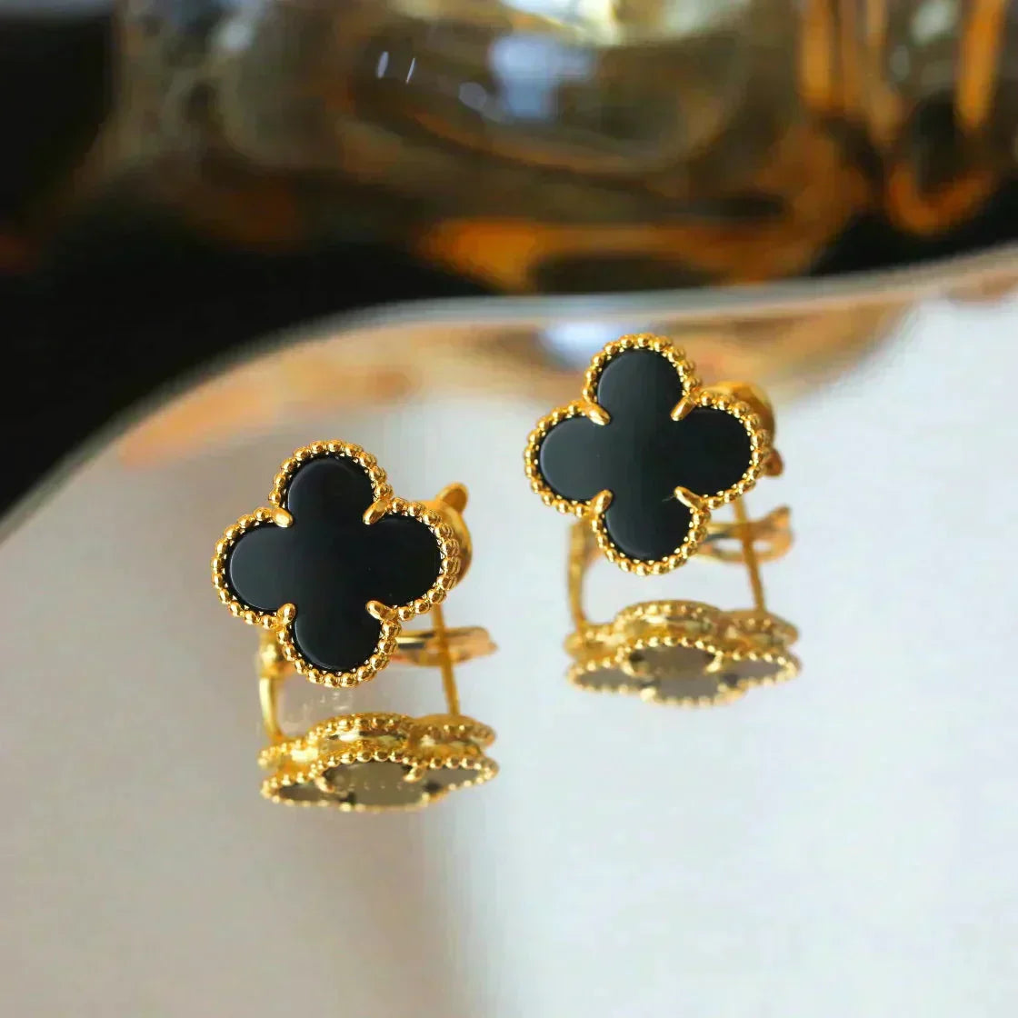 [Luxe Jewels]CLOVER MEDIUM 1 MOTIFS  ONYX STUD EARRINGS