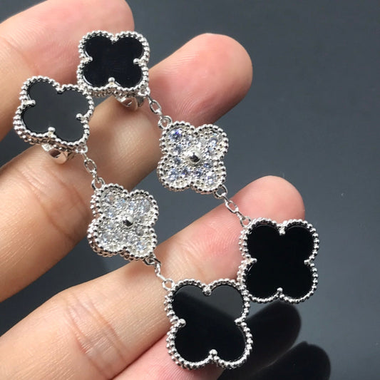 [Luxe Jewels]CLOVER 3 MOTIF DIAMOND ONYX SILVER EARRINGS