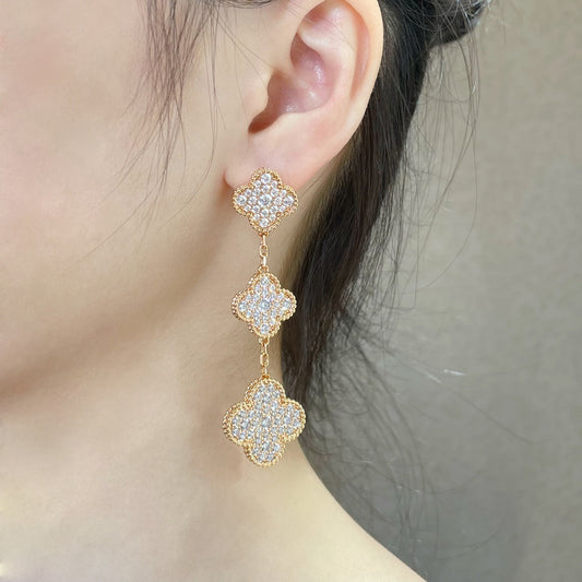 [Luxe Jewels]CLOVER 3 MOTIFS DIAMOND PAVED ROSE GOLD EARRINGS