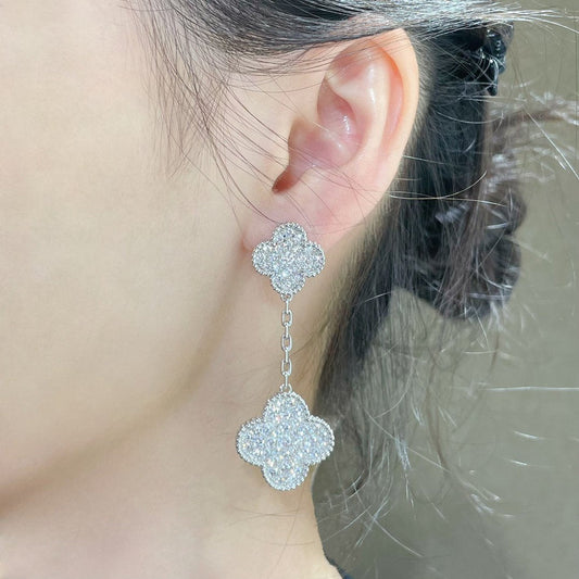 [Luxe Jewels]CLOVER 2 MOTIFS DIAMOND PAVED SILVER EARRINGS