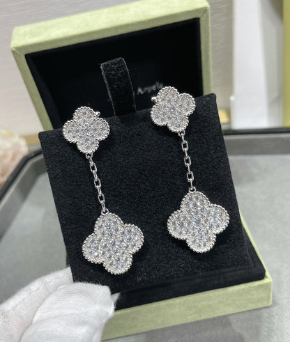 [Luxe Jewels]CLOVER 2 MOTIFS DIAMOND PAVED SILVER EARRINGS