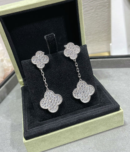 [Luxe Jewels]CLOVER 2 MOTIFS DIAMOND PAVED SILVER EARRINGS