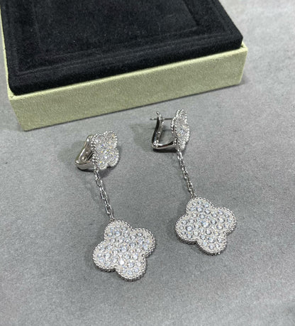 [Luxe Jewels]CLOVER 2 MOTIFS DIAMOND PAVED SILVER EARRINGS