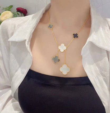 [Luxe Jewels]CLOVER 6 MOTIF MOP ONYX GOLD NECKLACE