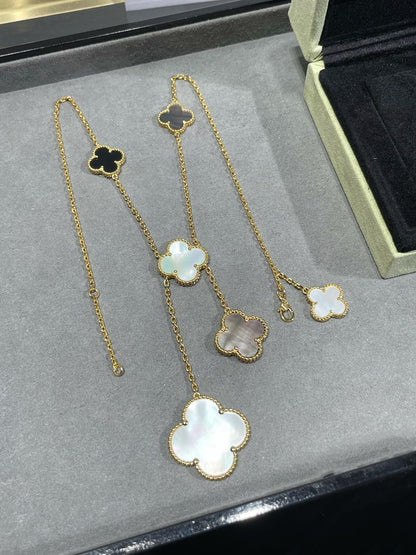 [Luxe Jewels]CLOVER 6 MOTIF MOP ONYX GOLD NECKLACE