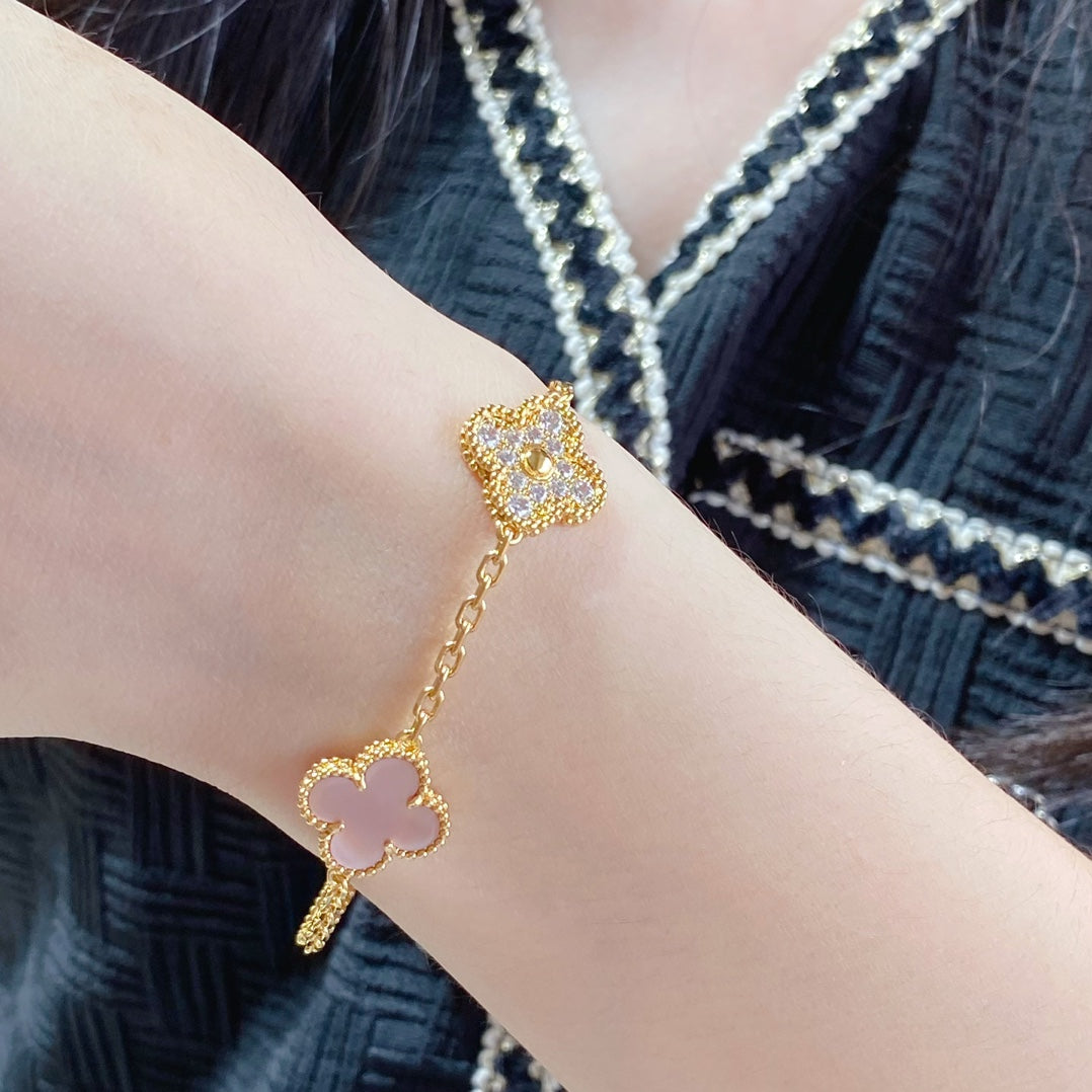 [Luxe Jewels]CLOVER 5 MOTIF DIAMOND PINK MOP PINK GOLD BRACELET