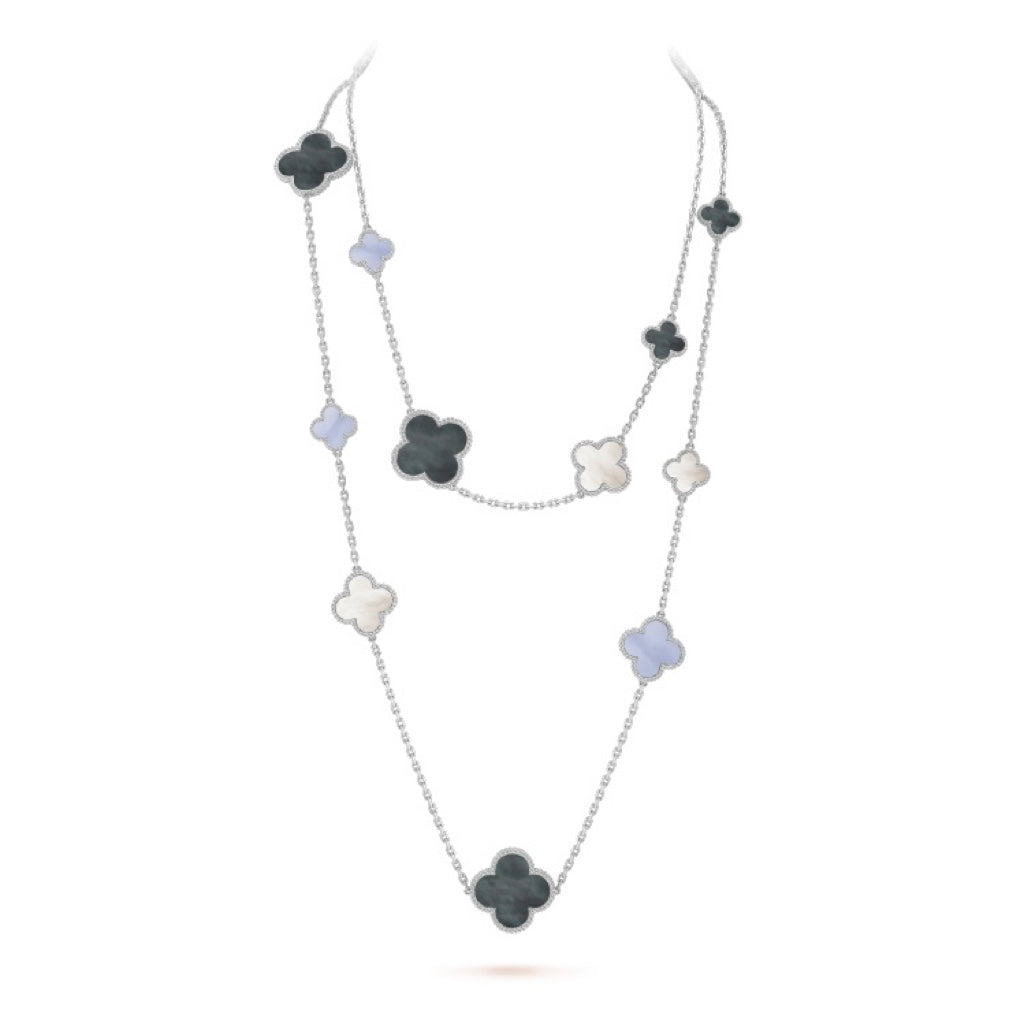 [Luxe Jewels]CLOVER 16 MOTIF CHALCEDONY MOP SILVER NECKLACE