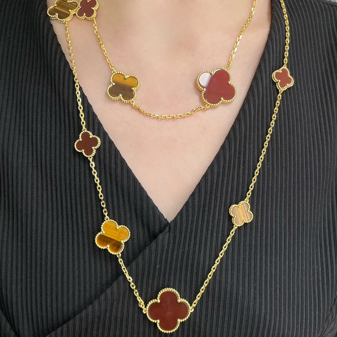 [Luxe Jewels]CLOVER 16 MOTIF CARNELIAN TIGER EYE ROSE GOLD NECKLACE