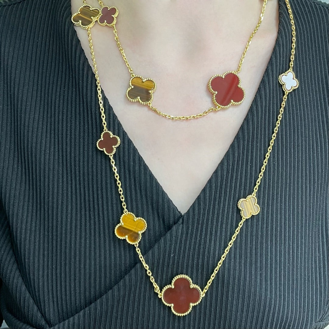 [Luxe Jewels]CLOVER 16 MOTIF CARNELIAN TIGER EYE ROSE GOLD NECKLACE