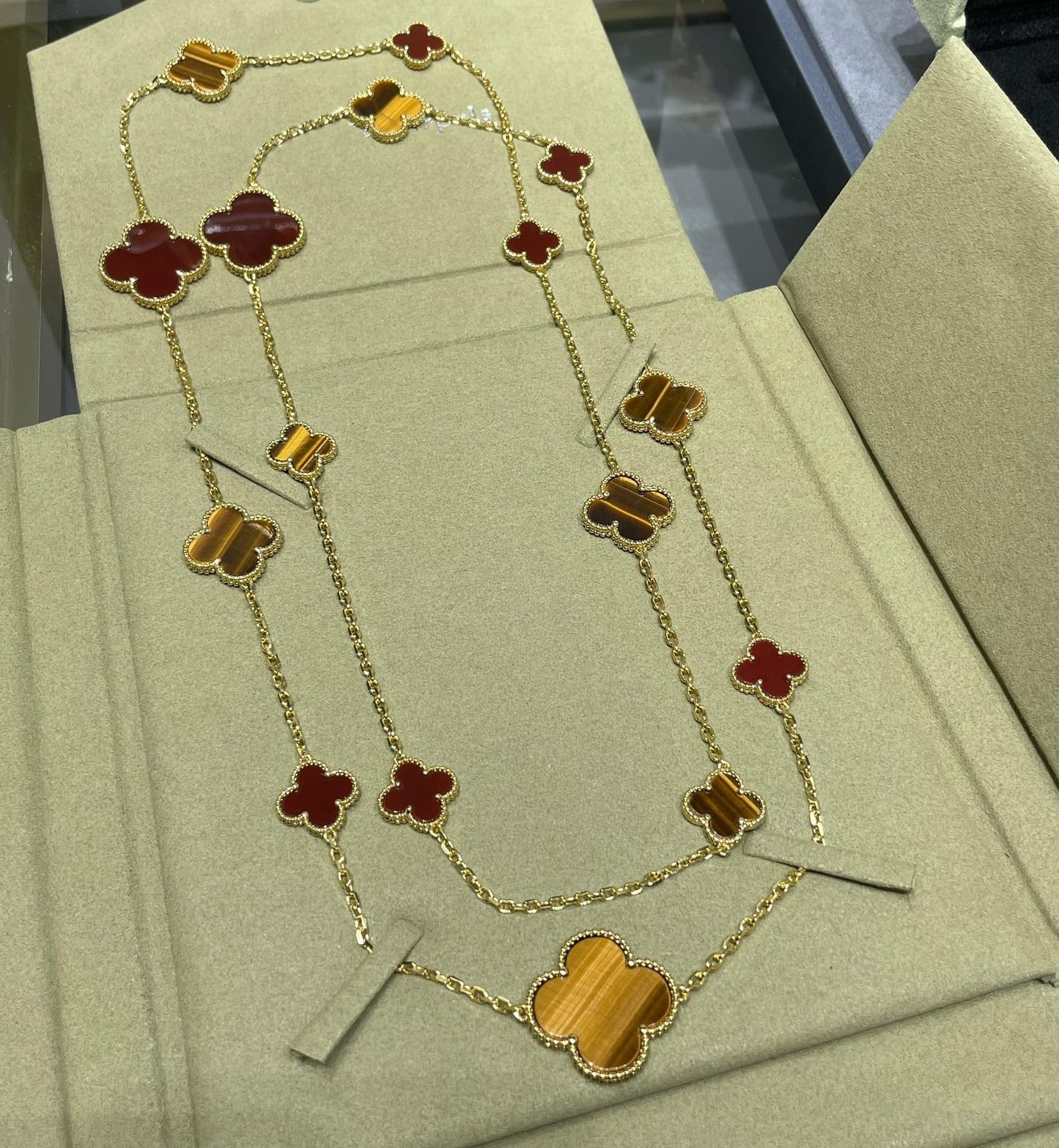 [Luxe Jewels]CLOVER 16 MOTIF CARNELIAN TIGER EYE ROSE GOLD NECKLACE