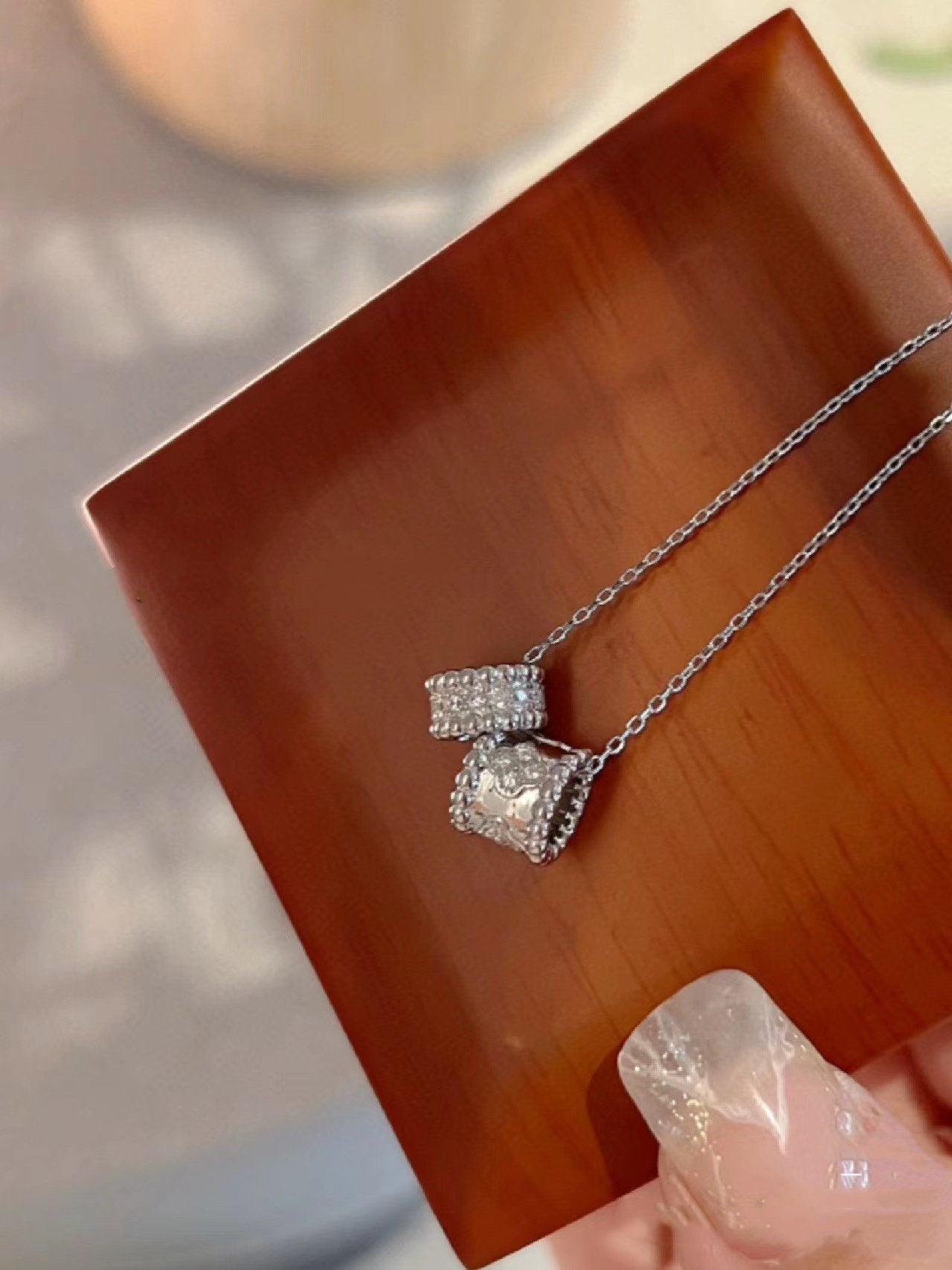 [Luxe Jewels]PERLEE DOUBLE PENDANT SILVER DIAMOND NECKLACE