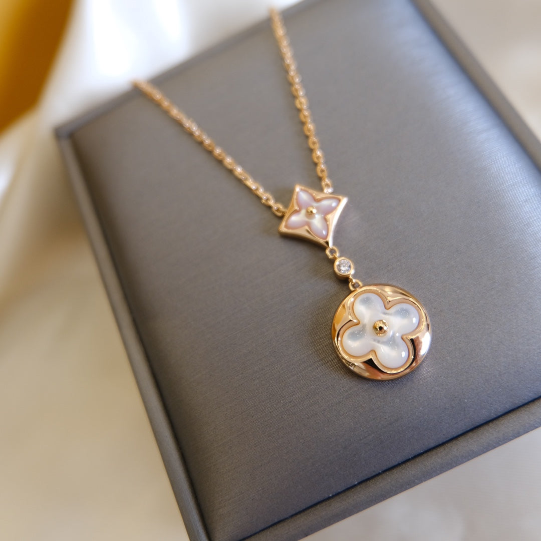 [Luxe Jewels]STAR AND SUN WHITE MOP 2 MOTIF PINK GOLD NECKLACE