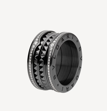 [Luxe Jewels]ZERO 1 ROCK FOUR-BAND BLACK CERAMIC WITH STUDDED SPIRAL AND PAVED DIAMONDS RING