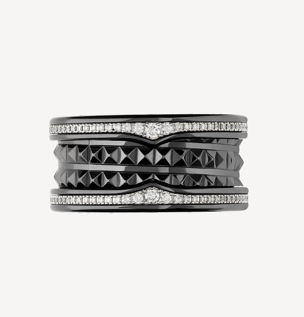 [Luxe Jewels]ZERO 1 ROCK FOUR-BAND BLACK CERAMIC WITH STUDDED SPIRAL AND PAVED DIAMONDS RING