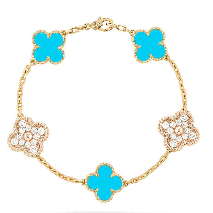 [Luxe Jewels]CLOVER 5 MOTIF TURQUOISE DIAMOND GOLD BRACELET