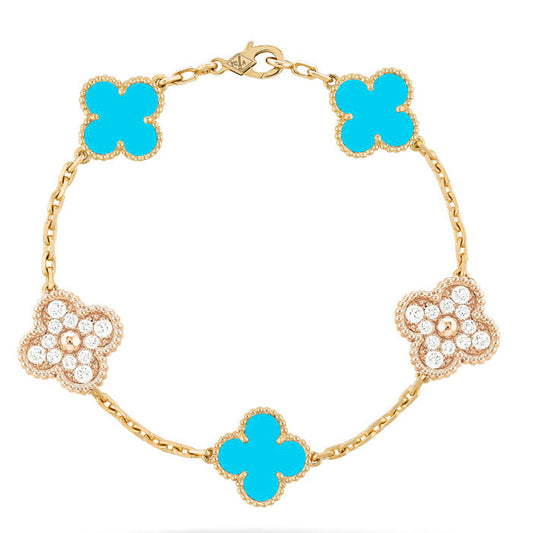 [Luxe Jewels]CLOVER 5 MOTIF TURQUOISE DIAMOND GOLD BRACELET