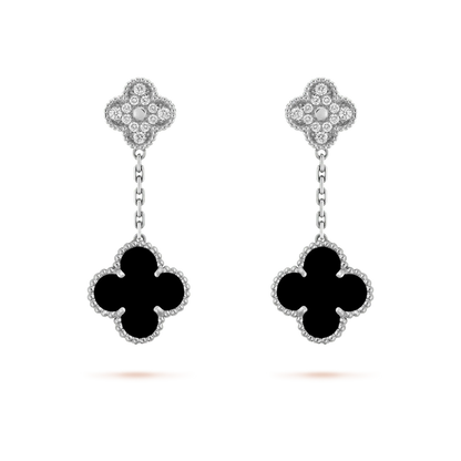 [Luxe Jewels]CLOVER 2 MOTIFS  DIAMOND ONYX EARRINGS SILVER