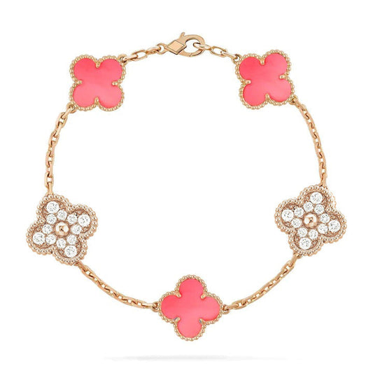 [Luxe Jewels]CLOVER 5 MOTIF DIAMOND PINK MOP PINK GOLD BRACELET