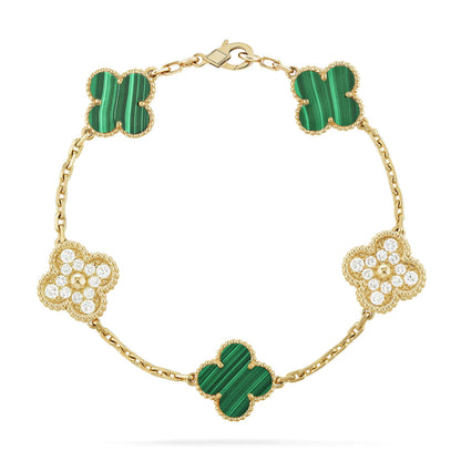 [Luxe Jewels]CLOVER  5 MOTIF MALACHITE DIAMOND BRACELET