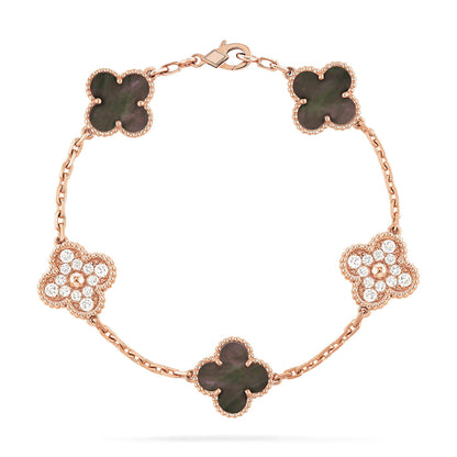 [Luxe Jewels]CLOVER 5 MOTIFS DARK MOP AND DIAMONDS PINK GOLD BRACELET