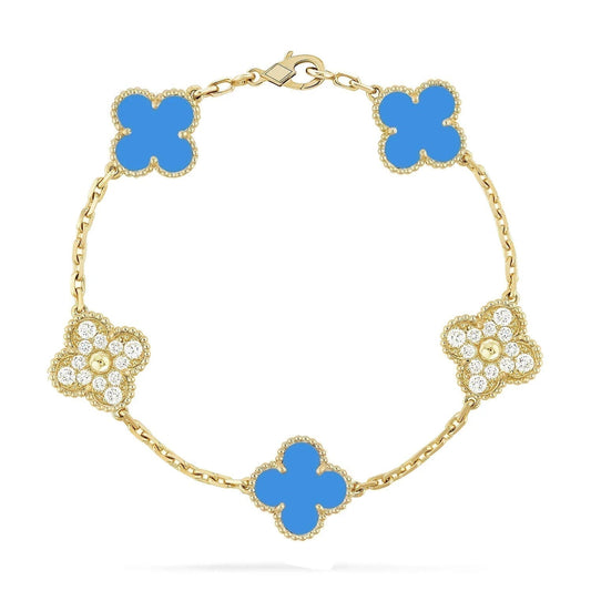 [Luxe Jewels]CLOVER 5 MOTIF BLUE CHALCEDONY DIAMOND GOLD BRACELET